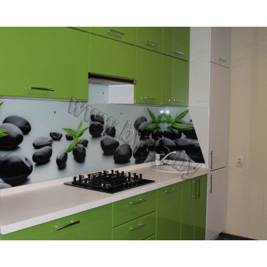 Линейная кухня. Салатовая с белым и фотоскиналью SPA