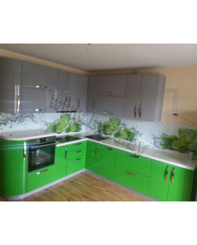 Угловая кухня. Серая с зеленым с фотопечатью "Лаймы"