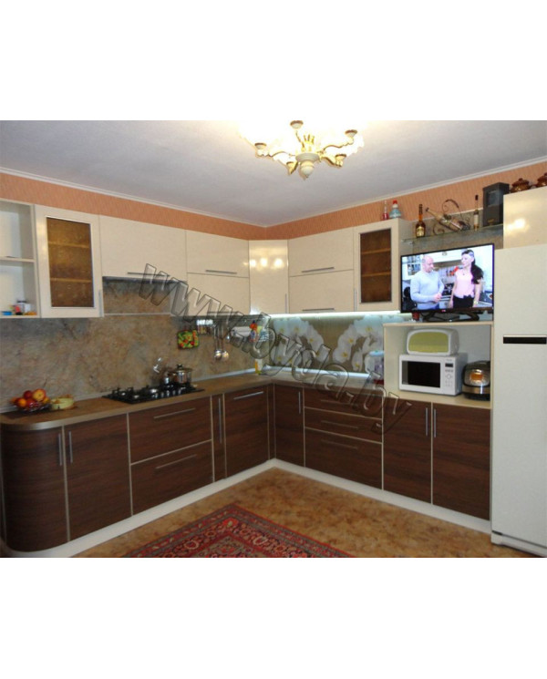 Угловая кухня. Белая с древесным и фотоскиналью "Белые орхидеи"