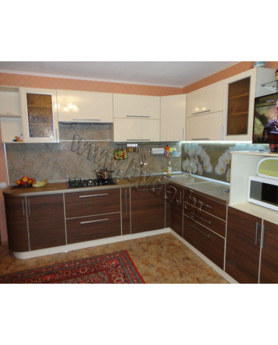 Угловая кухня. Белая с древесным и фотоскиналью "Белые орхидеи"