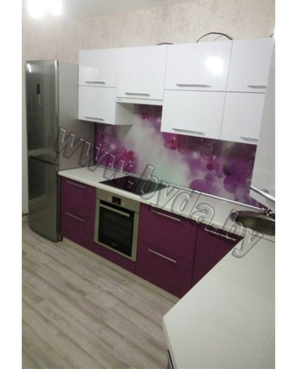 Угловая кухня. Белая с фиолетовым и фотоскиналью "Орхидеи"